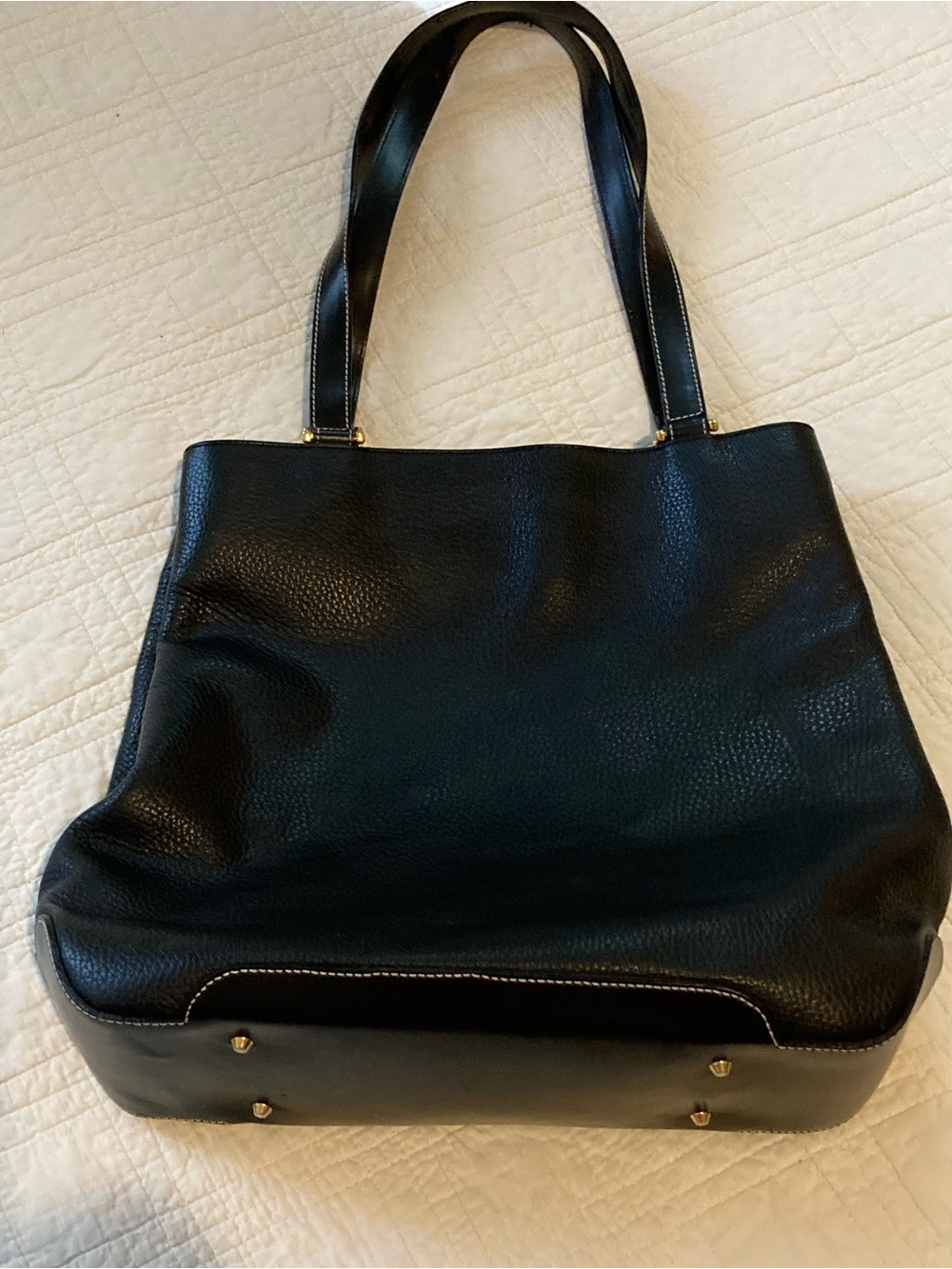 Classic Black Leather Shoulder Tote with Gold Stud Accents
